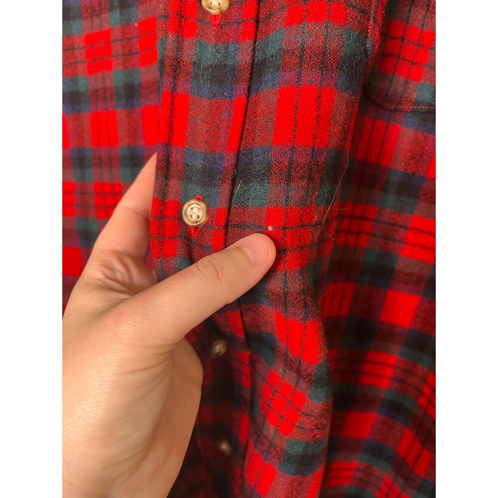 1970s Pendleton Red Spruce Green Christmas Plaid Wool Dagger Collar Shirt L Long - Picture 5 of 7